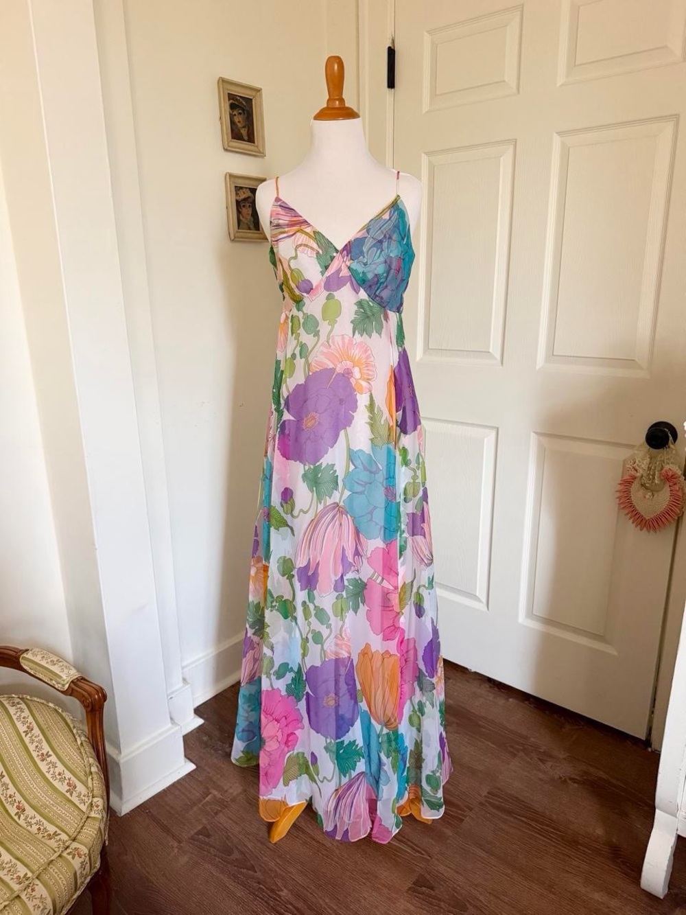 Dreamy Vintage 1970s Colorful Rainbow Floral Maxi Dress and Cape Set - Picture 2 of 7